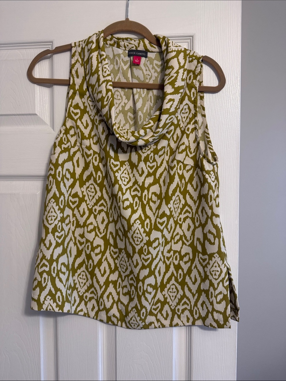 Vince Camuto Olive & White Sleeveless Cowl Neck Printed Top